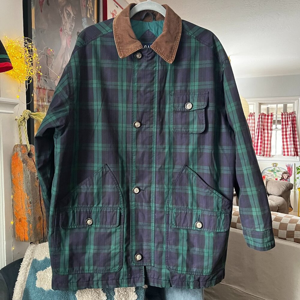 Vintage Gap Tartan Plaid Field Coat Jacket 90s Corduroy Trim Men's Small VGUC